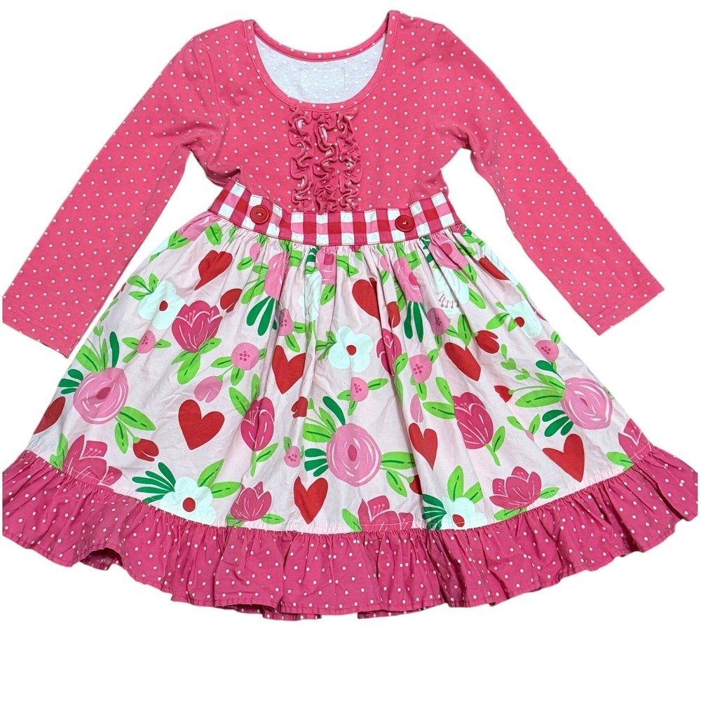 Eleanor Rose Pink Polka Dot Floral Heart Lyla Dress Sz 4-5 Long Sleeve Coquette